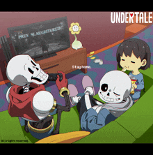 a cartoon of skeletons playing a video game called prey slaughtered