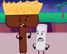 a cartoon character with a crown on his head stands next to a marshmallow stick
