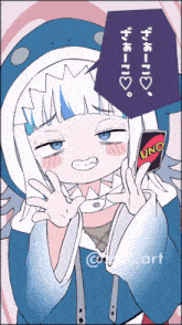 a drawing of a shark girl holding a card that says uno