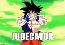 a picture of goku from dragon ball z covering his face with his hands and the words judecator behind him