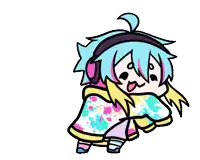 a cartoon drawing of a girl with blue hair and headphones