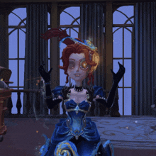 a woman in a blue dress and black gloves is dancing in front of a window