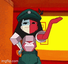 a cartoon character with a red arm and a green hat is standing in front of a yellow wall .