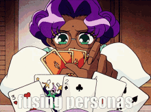 a woman with purple hair is holding a bunch of playing cards with the words " fusion personas " on the bottom