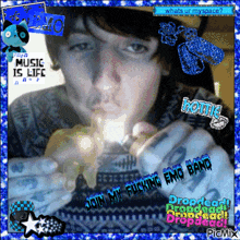 a picture of a man smoking a cigarette with the words " join my fucking emo band " on it