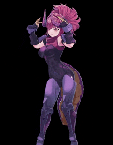 a girl in purple armor with horns and a tail