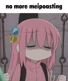 a girl with pink hair is sitting on a swing with the words " no more meipoasting " above her