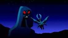 a cartoon drawing of a bat with red eyes being held by a person 's hands