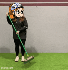 a cartoon of a woman holding a mop on a green pole