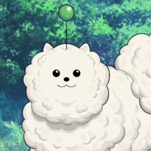 a cartoon drawing of a white dog with a green balloon on its head