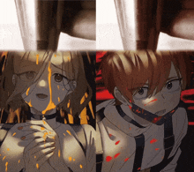 a boy and a girl are standing next to each other and the girl has a choker around her neck