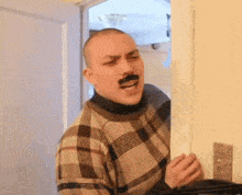 a man in a plaid sweater and mustache is standing in a doorway .