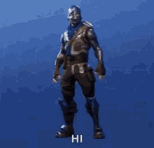 a man in a knight 's outfit is dancing in front of a blue background and says hi .