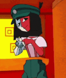 a cartoon character is standing in front of a yellow wall .