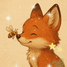 a drawing of a fox with a bee on its nose and the word hk on the bottom right