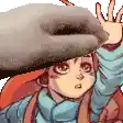 a pixel art drawing of a girl wearing a hat and a scarf .