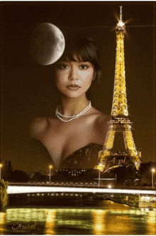 a woman in a pearl necklace is standing in front of the eiffel tower at night