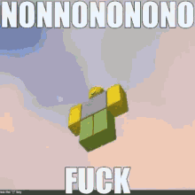 a roblox character is flying through the air with the words nonnonono fuck above him
