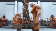 a cartoon of a man standing in front of a stack of prisoners