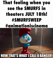 an advertisement for smurfs sweep shows a smurf in a glass case
