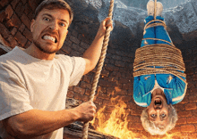 a man is holding a rope while an older woman is tied upside down