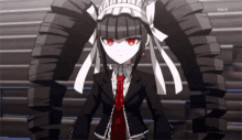 a black and white anime character with red eyes and a m65 logo in the corner
