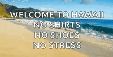a beach with the words welcome to hawaii no shirts no shoes no stress on it