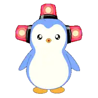 a blue and white penguin wearing headphones and a red light on top of its head