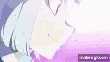 a girl with short white hair is standing in front of a snowy background .