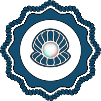 a blue and white emblem with a pearl in the center