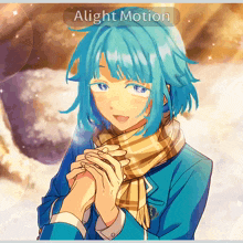 a blue haired anime character with a scarf around his neck and the words alight motion on the top