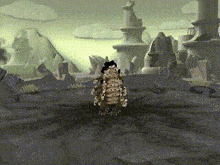 a cartoon character is standing in the middle of a field