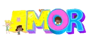 a group of children are standing around the word amor in colorful letters