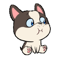 a cartoon dog with blue eyes is sitting down and looking up at the camera .