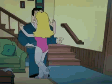 a cartoon of a man and a woman hugging in a living room