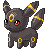 a pixel art drawing of a black cat with yellow ears and tail .