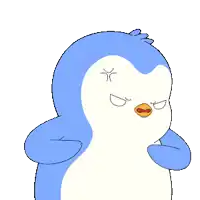 a blue and white penguin with an angry expression on his face