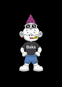 a cartoon character is wearing a party hat and sunglasses and says baka