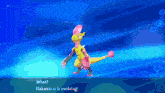 a video game screen shows a pink and yellow pokemon that says what ?