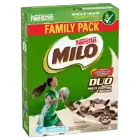 a box of nestle milo cereal has a woman holding a rugby ball on the front