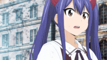 a girl with long blue hair is standing in front of a building with a surprised look on her face