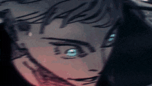 a close up of a person 's face with blue eyes