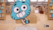 gumball from the amazing world of gumball is sitting in a library reading a book