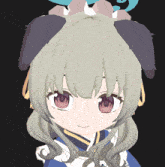 a close up of a girl 's face with a bunny ear on her head