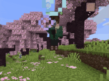 a person in a green shirt is standing in front of a cherry blossom tree in minecraft