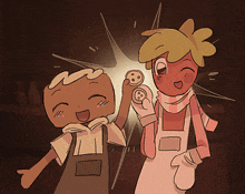 a couple of cartoon characters standing next to each other one of them holding a cookie