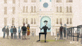 a cartoon of a man kneeling in front of a building with a netflix logo