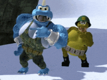 two cartoon characters are standing next to each other and one is wearing a military uniform