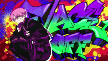 a drawing of a person kneeling in front of graffiti that says " jazz off "