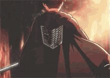 a man with a cape on his back is holding a sword .